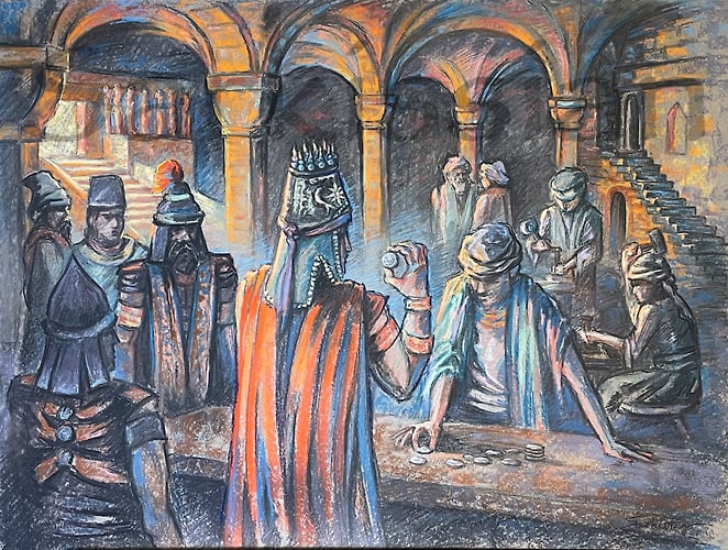 Tigranes II inspecting his coins at the Antioch mint - Joseph Sarkissian Artwork