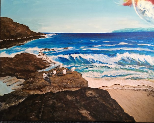 Rocks and Ocean with Seagulls - Penney De Pas