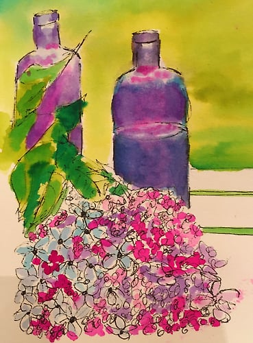 Purple Bottles and Hydrangeas - Penney De Pas