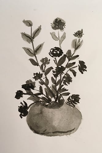 Round Vase with Flowers (B&W Ink) - Penney De Pas